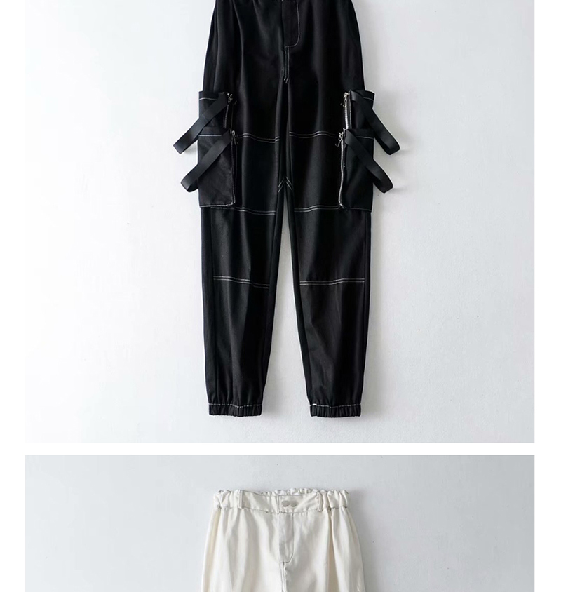 Fashion White Contrast Overalls With Large Web Pocket,Pants