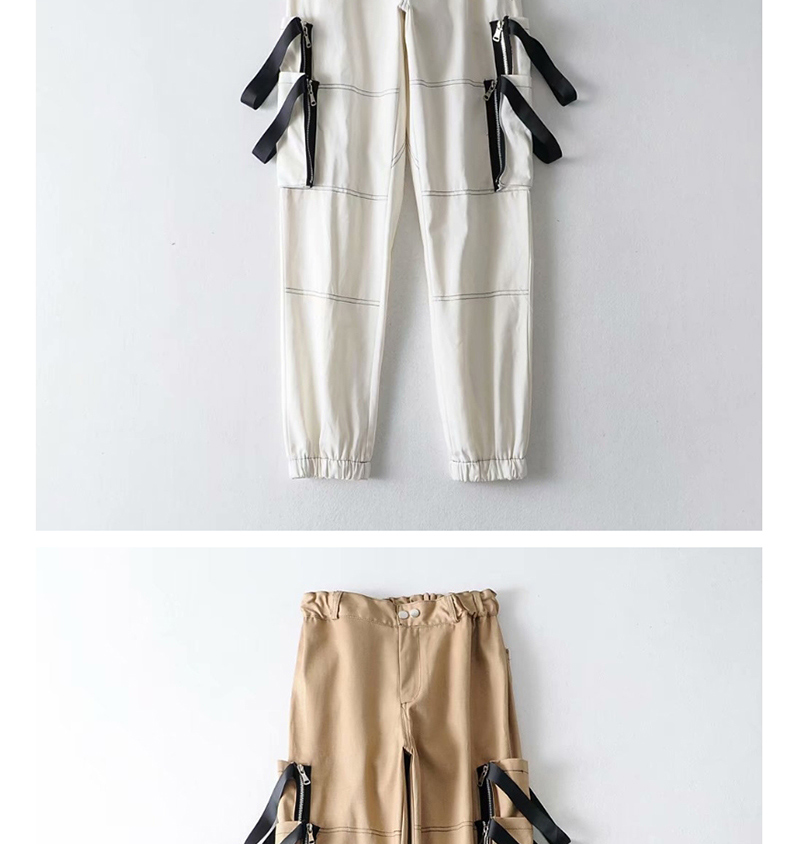 Fashion White Contrast Overalls With Large Web Pocket,Pants