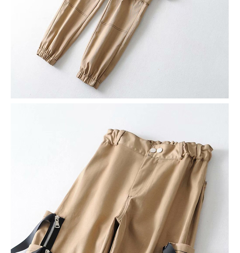 Fashion Khaki Contrast Overalls With Large Web Pocket,Pants