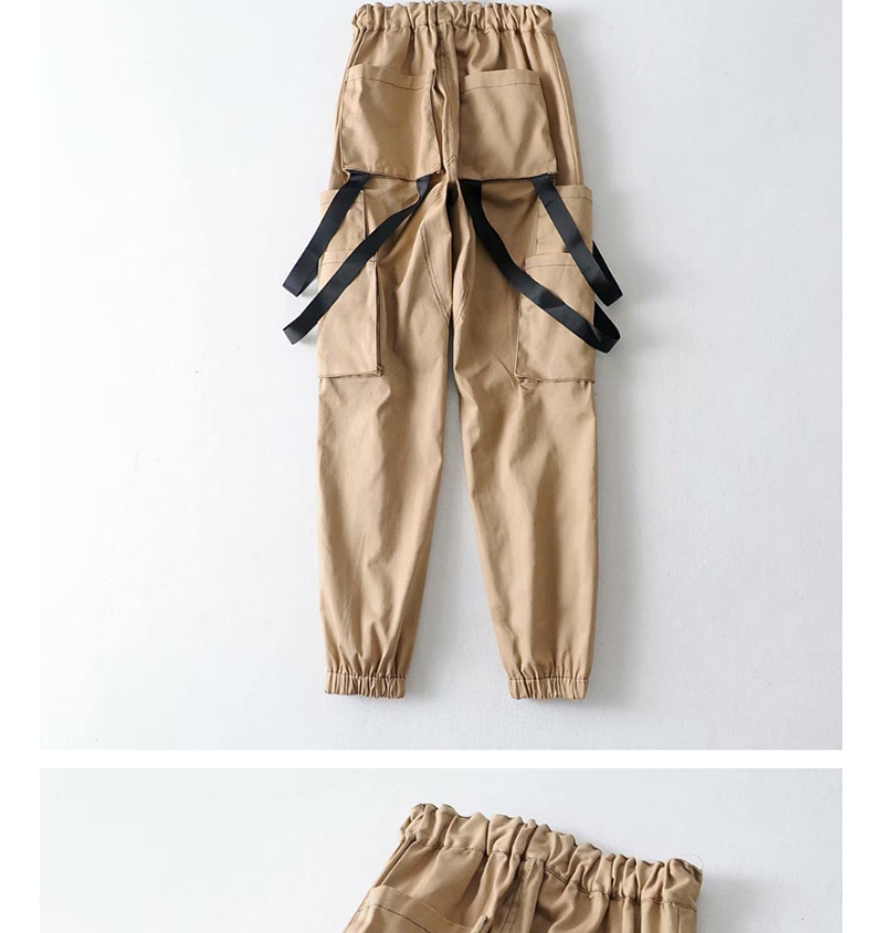 Fashion Khaki Contrast Overalls With Large Web Pocket,Pants