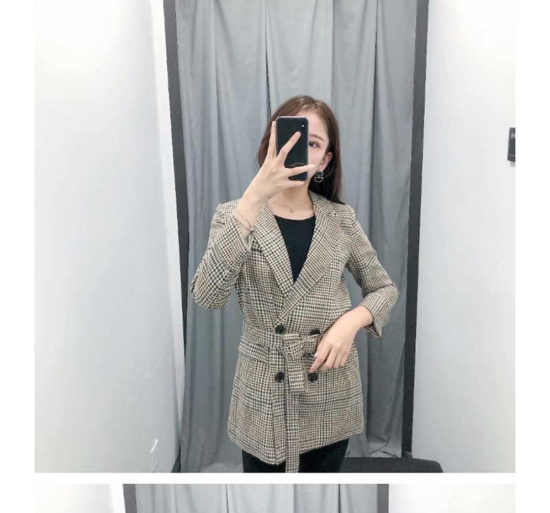 Fashion Khaki Plaid Print Lace-up Suit,Coat-Jacket