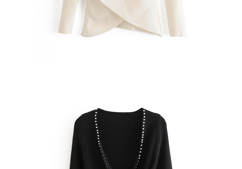Fashion Beige Pearl Cross Stitching V-neck Sweater,Sweater