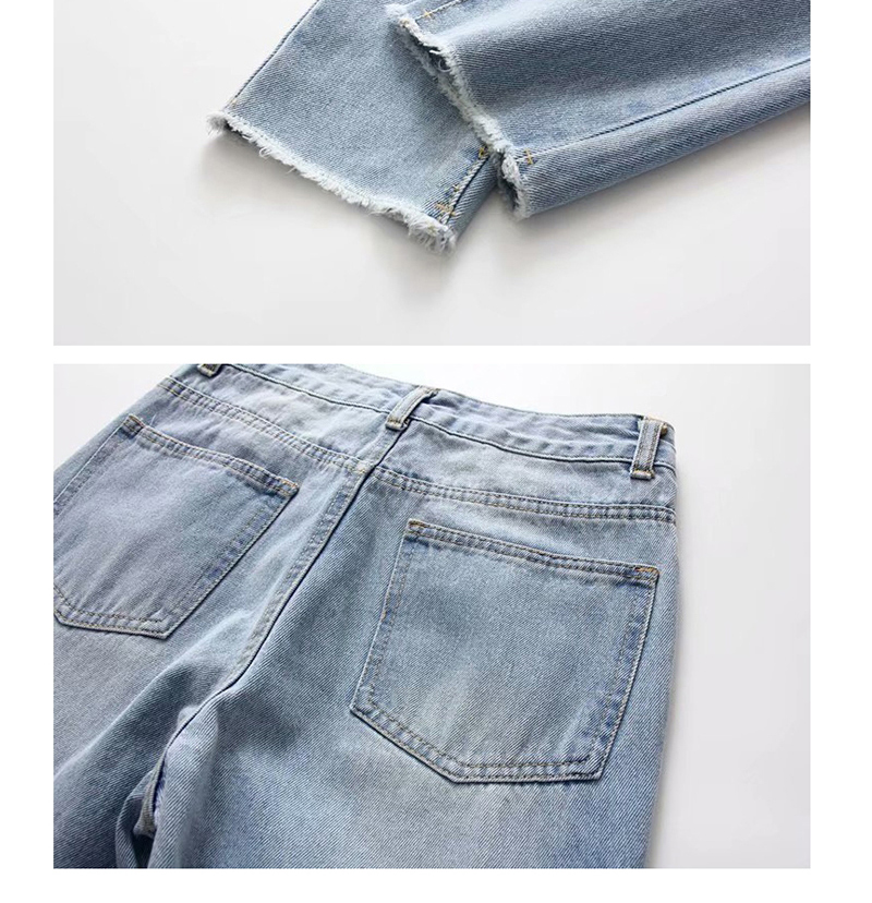 Fashion Blue Washed Left Pocket Cut Denim Straight Pants,Denim