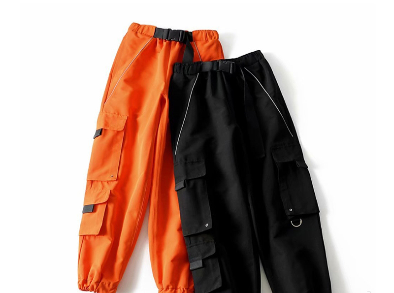 Fashion Orange Large Pocket Webbing Buckle Overalls,Pants