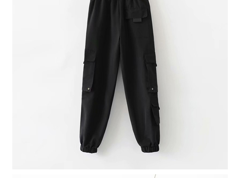 Fashion Black Large Pocket Webbing Buckle Overalls,Pants
