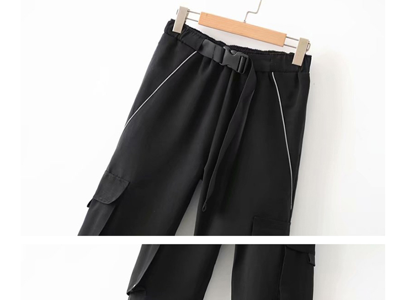 Fashion Black Large Pocket Webbing Buckle Overalls,Pants