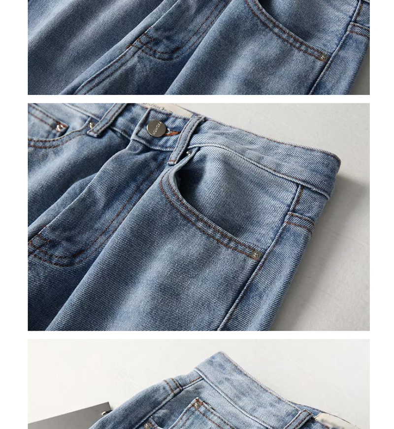 Fashion Light Blue Washed Asymmetrical Twist Seam Mid-rise Straight-leg Jeans,Denim