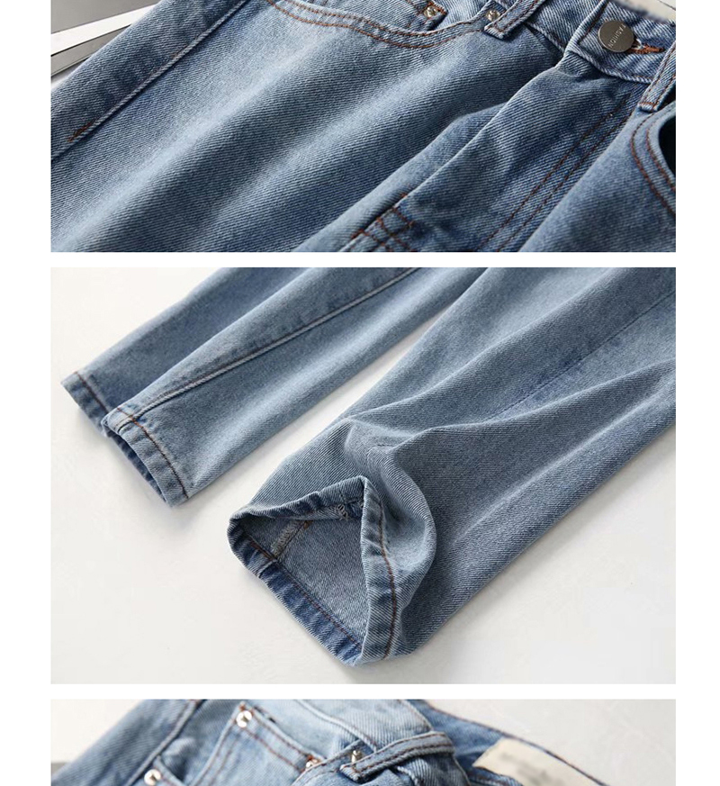 Fashion Light Blue Washed Asymmetrical Twist Seam Mid-rise Straight-leg Jeans,Denim