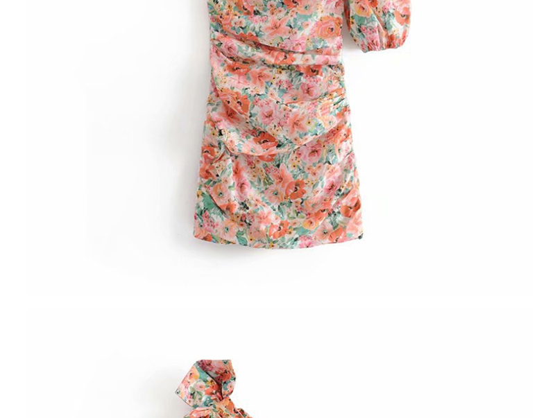 Fashion Pink Floral Print Asymmetrical Shoulder Pleated Dress,Mini & Short Dresses