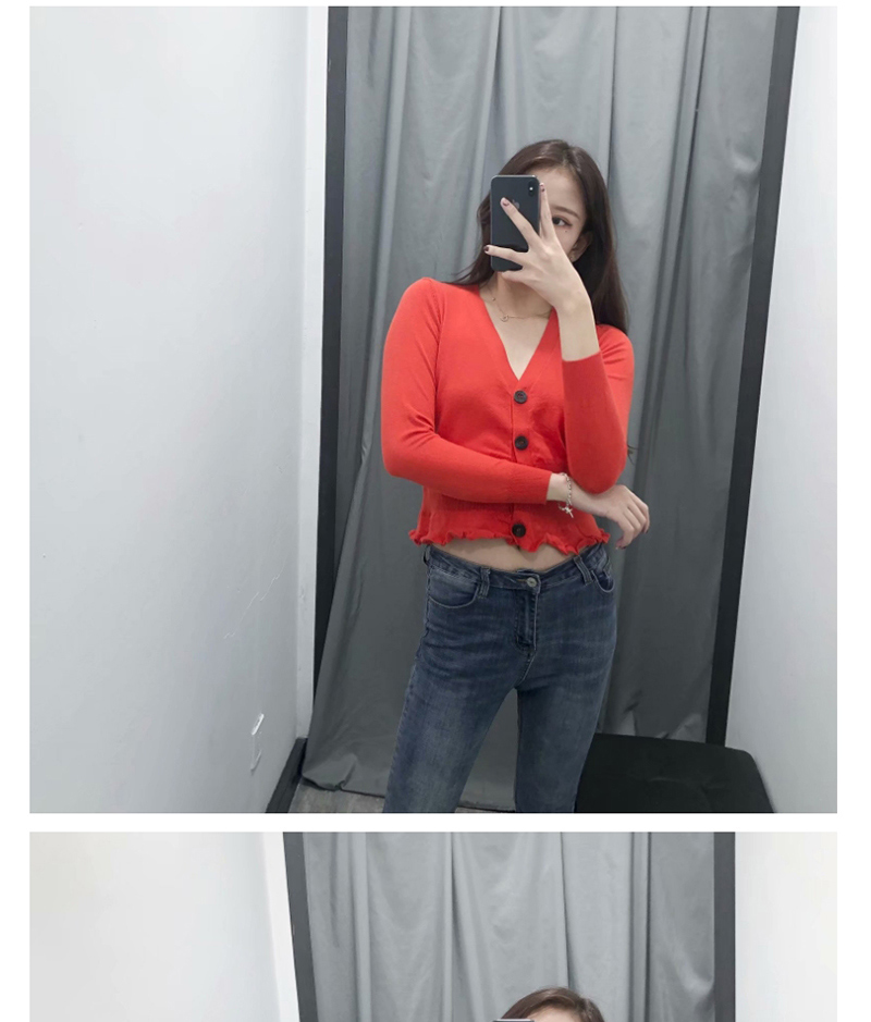 Fashion Red V-neck Single Breasted Knit Cardigan,Sweater