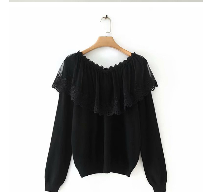 Fashion Black V-neck Knitted Sweater With Mesh Lace,Sweater