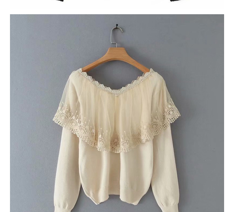 Fashion Khaki V-neck Knitted Sweater With Mesh Lace,Sweater