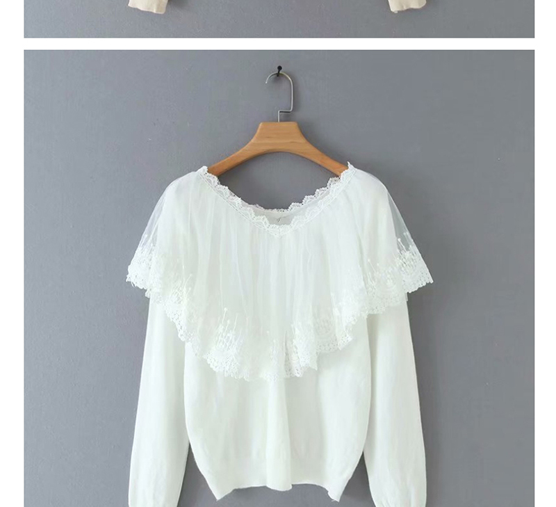 Fashion White V-neck Knitted Sweater With Mesh Lace,Sweater