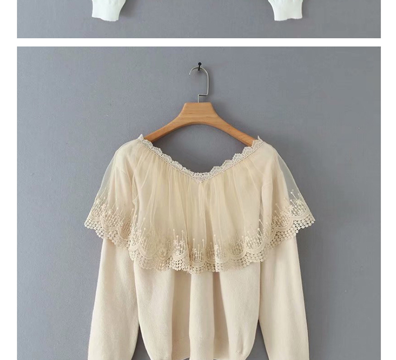 Fashion White V-neck Knitted Sweater With Mesh Lace,Sweater