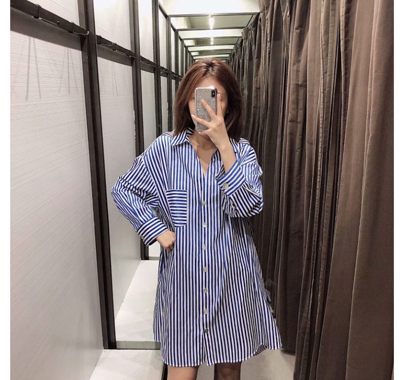 Fashion Blue Striped Single-breasted Shirt,Blouses