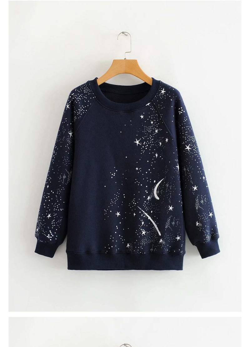 Fashion Navy Raglan Sleeve Cosmic Round Neck Sweater,Sweatshirts