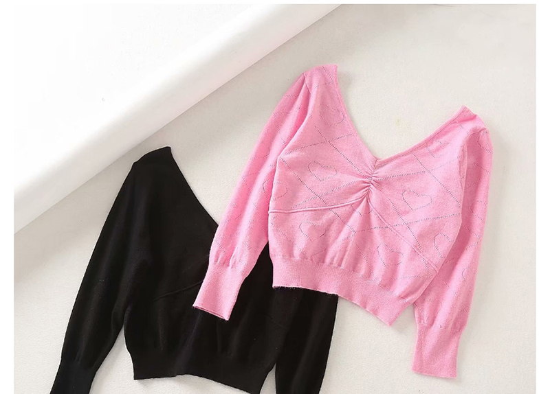 Fashion Pink Hollow Love Mesh V-neck Sweater,Sweater