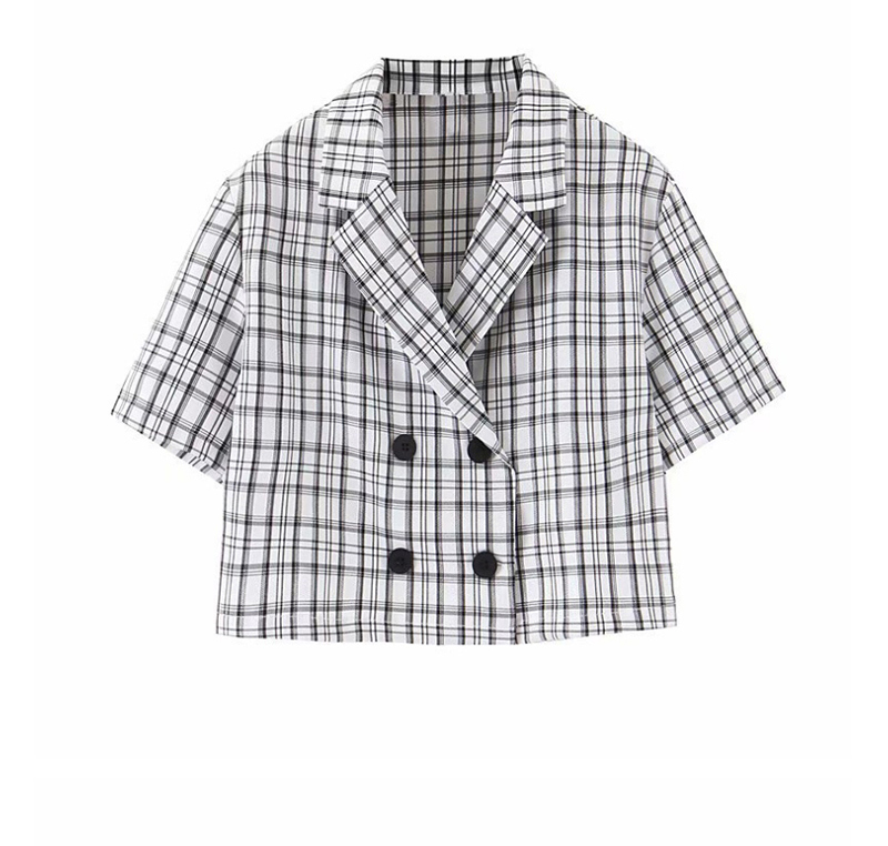 Fashion White Plaid Printed Thin High-rise Double-breasted Short Suit,Coat-Jacket