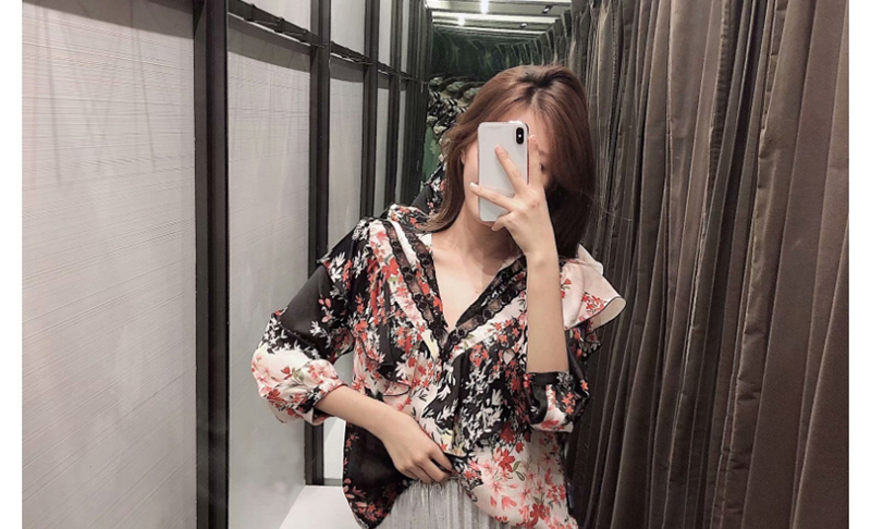 Fashion Color Stacked Ruffled Flower Print V-neck Single-breasted Shirt,Tank Tops & Camis