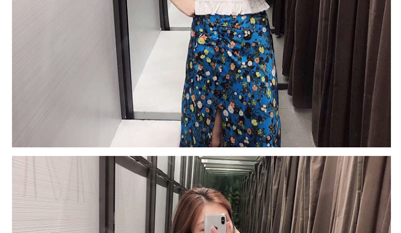 Fashion Blue Floral Print Split Pleated Skirt,Skirts