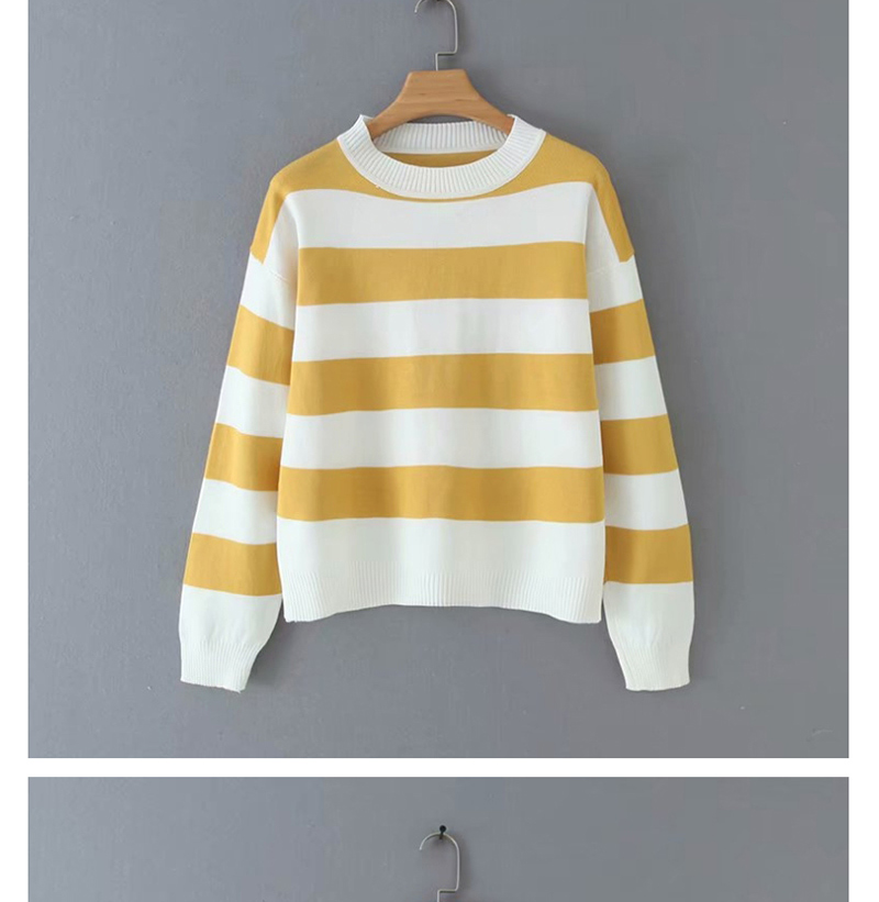 Fashion Yellow Striped Crew Neck Sweater,Sweater
