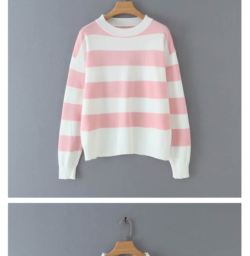 Fashion Pink Striped Crew Neck Sweater,Sweater