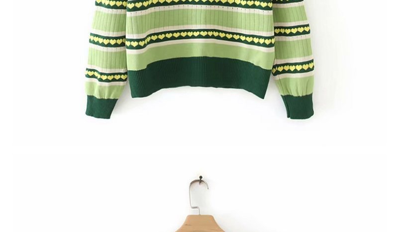 Fashion Green Peach Heart Striped Round Neck Knit Sweater,Sweater