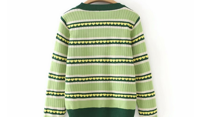 Fashion Green Peach Heart Striped Round Neck Knit Sweater,Sweater