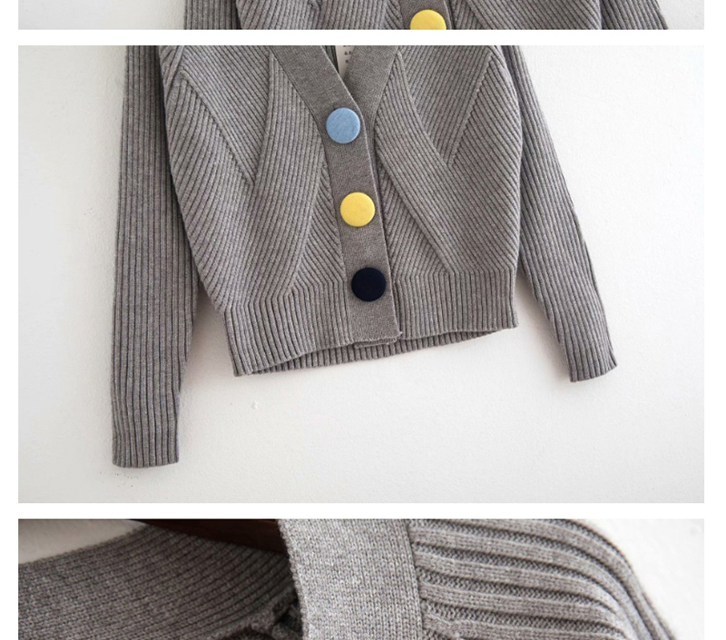 Fashion Gray Textured Plush Button Short Knitted Cardigan,Sweater