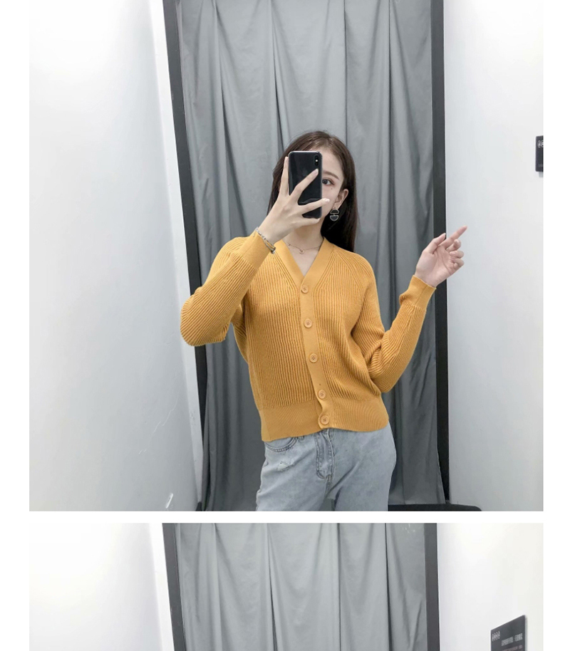 Fashion Yellow Ribbed Knit Single-breasted V-neck Sweater Cardigan,Sweater