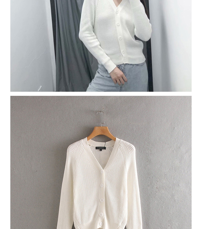 Fashion White Ribbed Knit Single-breasted V-neck Sweater Cardigan,Sweater