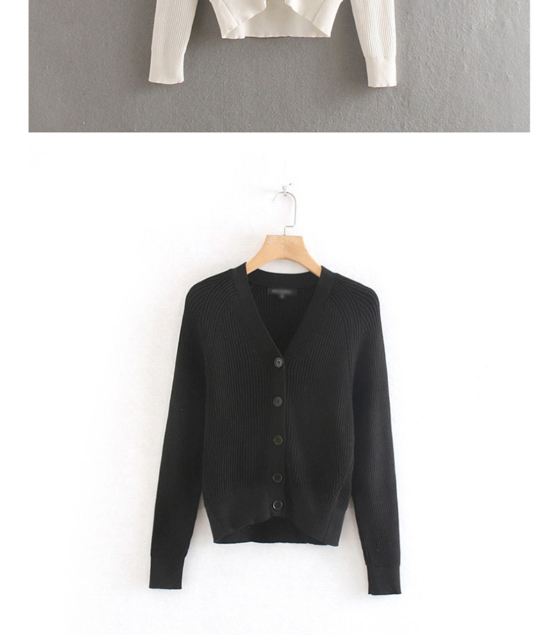 Fashion Black Ribbed Knit Single-breasted V-neck Sweater Cardigan,Sweater
