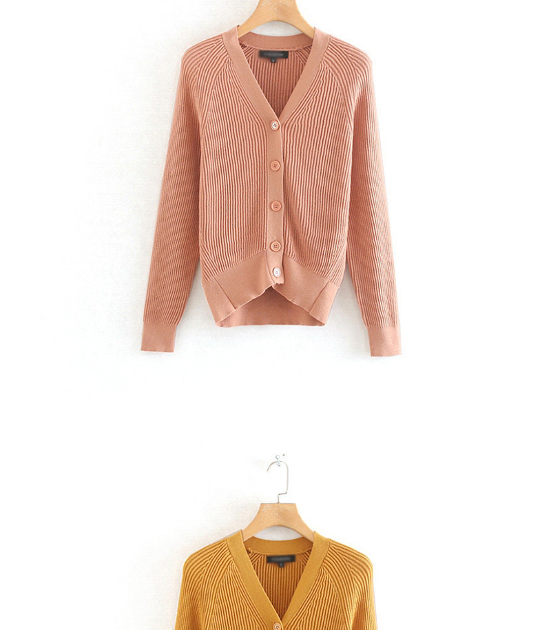 Fashion Pink Ribbed Knit Single-breasted V-neck Sweater Cardigan,Sweater