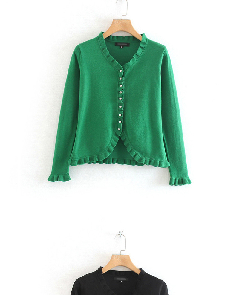 Fashion Green Ruffled Knit V-neck Single-breasted Sweater Cardigan,Sweater