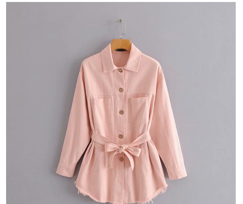 Fashion Pink Belted Lapel Single-breasted Frayed Coat,Coat-Jacket