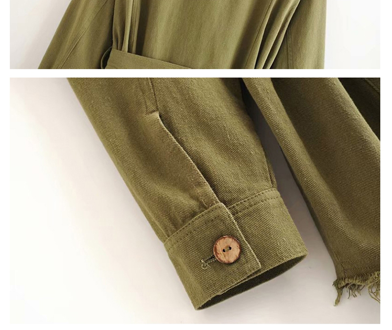 Fashion Army Green Belted Lapel Single-breasted Frayed Coat,Coat-Jacket