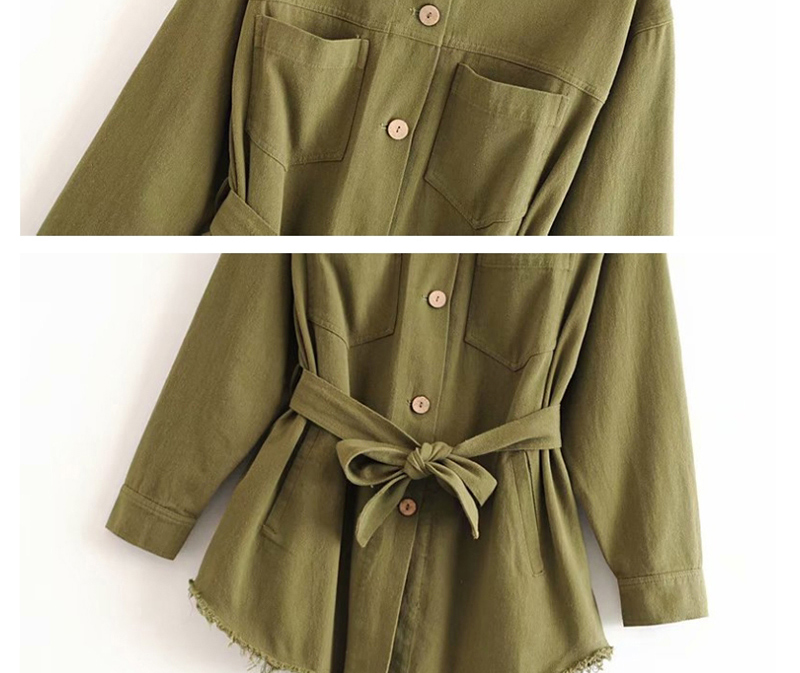 Fashion Army Green Belted Lapel Single-breasted Frayed Coat,Coat-Jacket