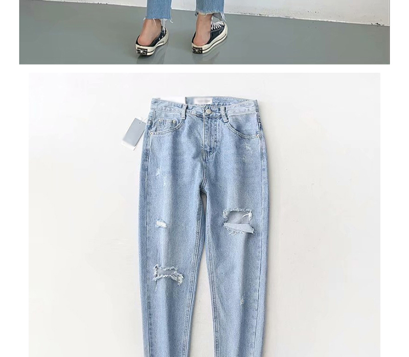 Fashion Blue Washed Cropped Ripped Jeans,Denim
