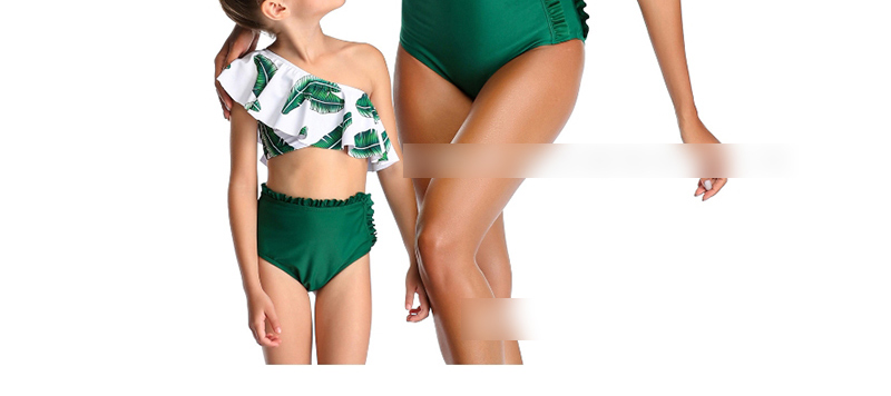 Fashion Green Ruffled Printed High Waist Flashing One-shoulder Split Swimsuit For Children,Kids Swimwear