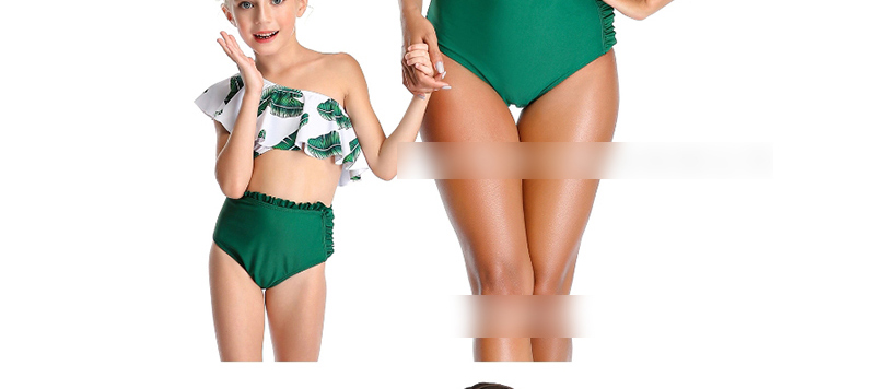 Fashion Green Ruffled Printed High Waist Flashing One-shoulder Split Swimsuit For Children,Kids Swimwear