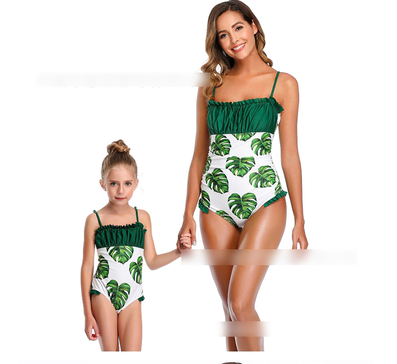 Fashion Red Wine Pleated Printed Ruffled One-piece Swimsuit For Children,Kids Swimwear