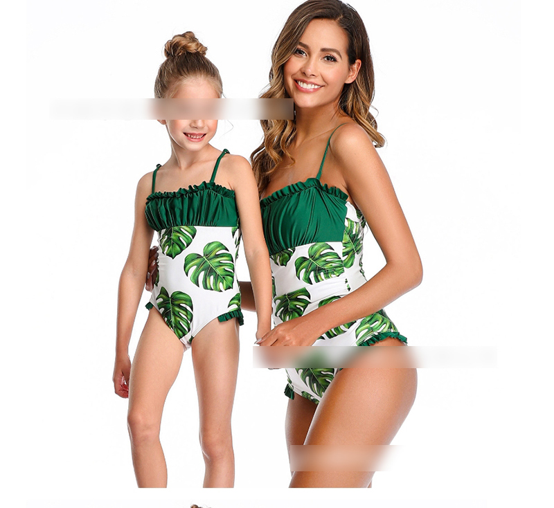 Fashion Green Pleated Printed Ruffled One-piece Swimsuit For Children,Kids Swimwear