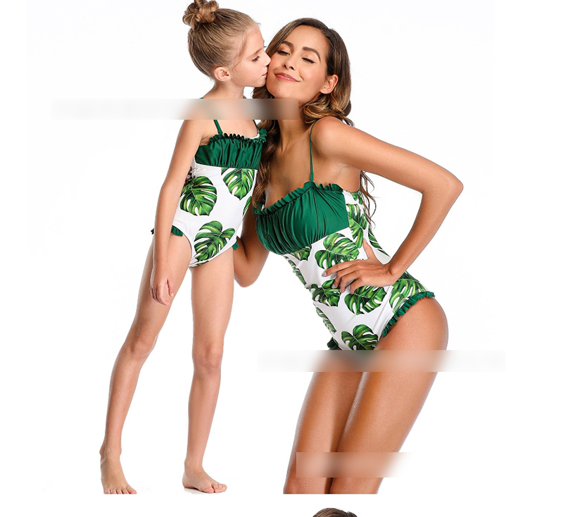 Fashion Green Pleated Printed Ruffled One-piece Swimsuit For Children,Kids Swimwear