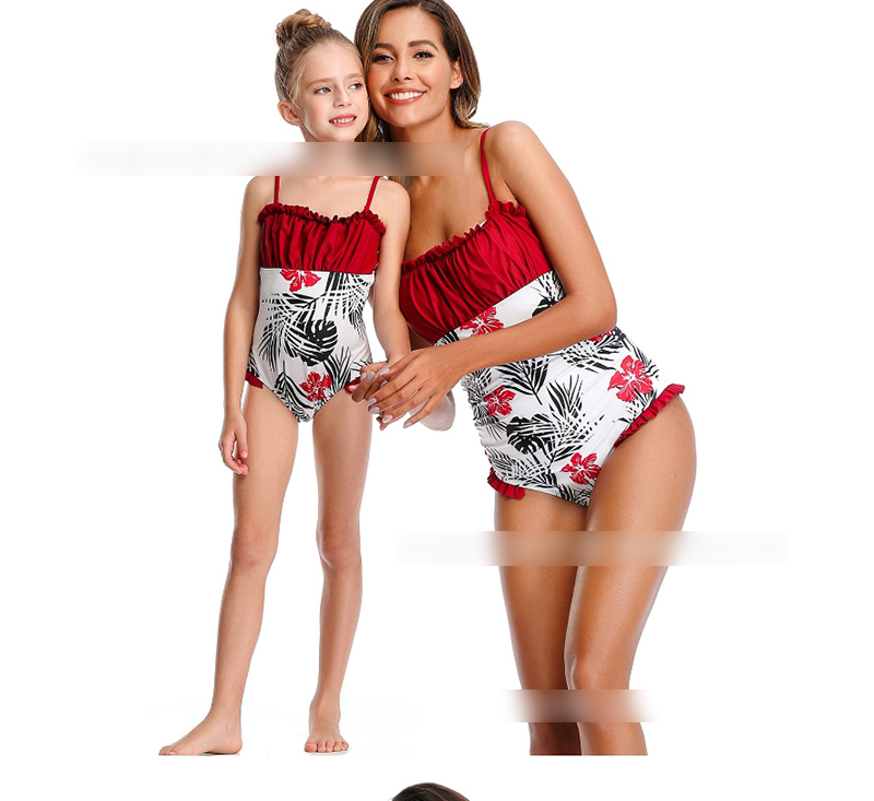 Fashion Red Wine Pleated Printed Ruffled One-piece Swimsuit For Children,Kids Swimwear