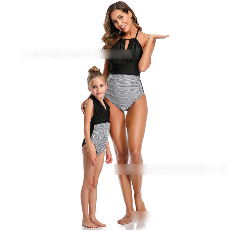 Fashion Black Halter Stitching Contrast Color Pleated One-piece Swimsuit For Children,Kids Swimwear