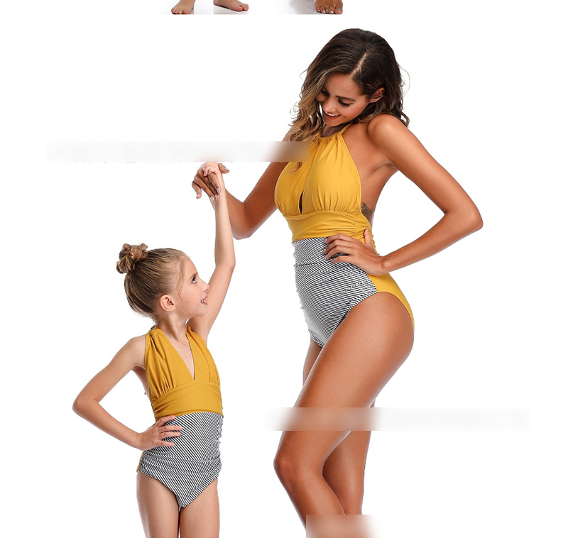 Fashion Yellow Halter Stitching Contrast Color Pleated One-piece Swimsuit For Children,Kids Swimwear