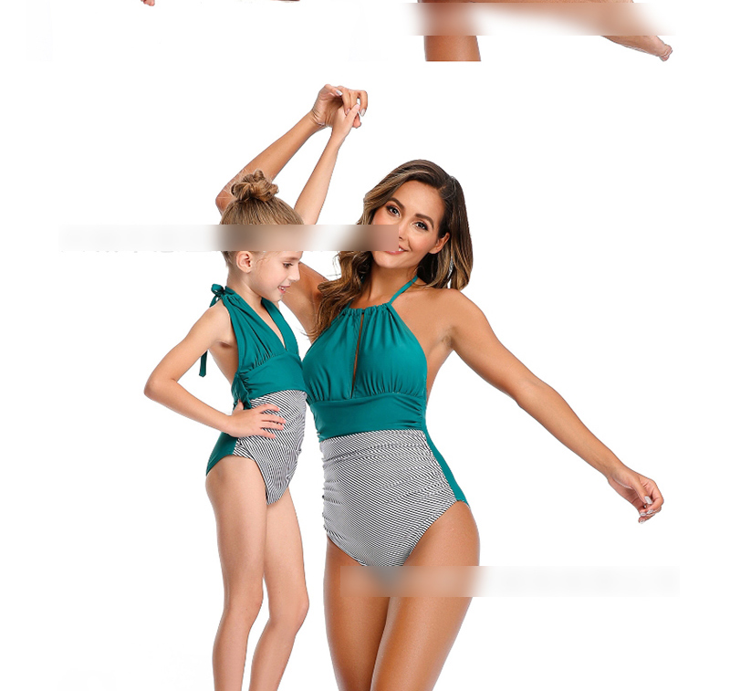 Fashion Green Halter Neck Stitching Contrast Color Pleated One-piece Swimsuit Adult,One Pieces