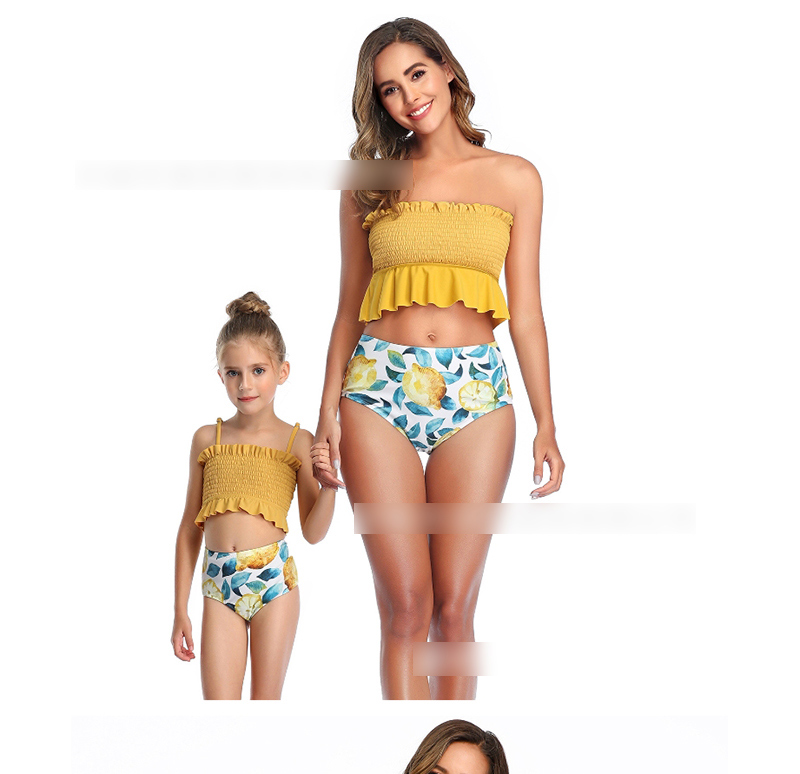 Fashion Yellow Pleated High Waist Ruffle Split Swimsuit Split,Kids Swimwear