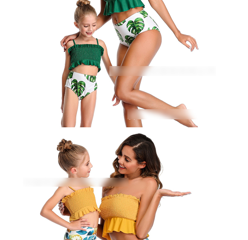 Fashion Green Pleated High Waist Ruffle Split Swimsuit Split,Kids Swimwear