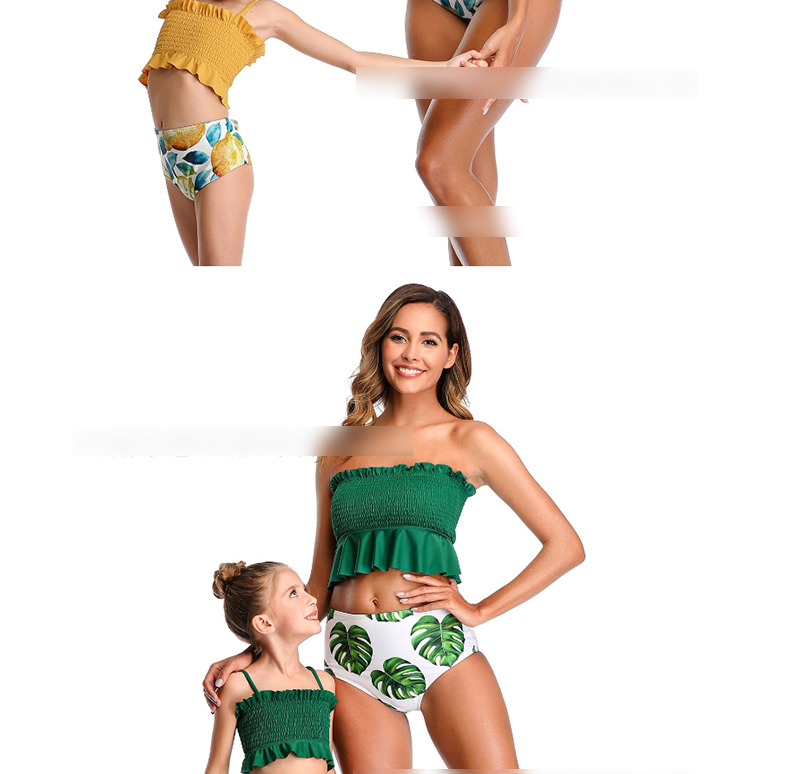 Fashion Green Pleated High Waist Ruffle Split Swimsuit Split,Kids Swimwear